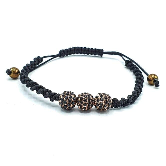 Woven Macramé bracelet with 3 black zircon Shamballa balls- Me032