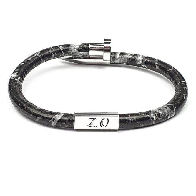 Me1466- Silver Stainless steel Nail  / Black Marble genuine leather Bracelet
