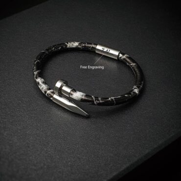 Me1466- Silver Stainless steel Nail  / Black Marble genuine leather Bracelet