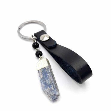 Me1523 – Black genuine Leather with Silver Electro Plated blue quartz Stone Keychain