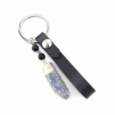 Me1523 – Black genuine Leather with Silver Electro Plated blue quartz Stone Keychain