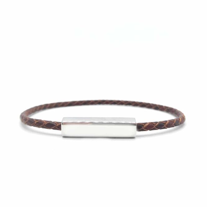 Me1601-Brown genuine Braided leather Bracelet with Silver Lock Steel
