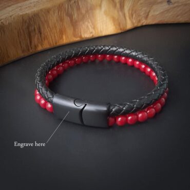 Me1605 – Red Coral Stone with Black genuine Braided leather Bracelet