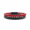 Me1605 – Red Coral Stone with Black genuine Braided leather Bracelet