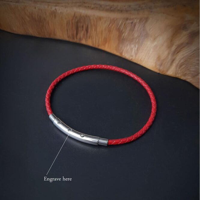 Me1606-Red genuine Braided leather Bracelet with Silver Lock Steel