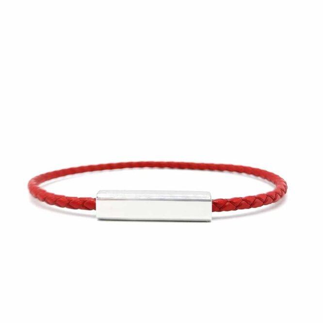 Me1607- Red genuine Braided leather Bracelet with Silver Lock Steel