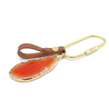 Me1639 – Genuine Brown Leather keychain with Solid Brass Ring and Agate Natural Stone  with Silver Electro Plated