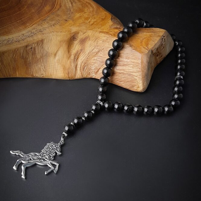 Me1721-  Black Onyx Stones with Horse Stainless Steel pendant Car/ Rosary