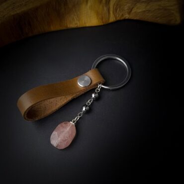 Me1744- Brown Genuine Leather with Rose Quartz Stones Keychain