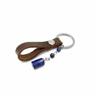 Me1745- Brown Genuine Leather with Blue Lapis Stones Keychain