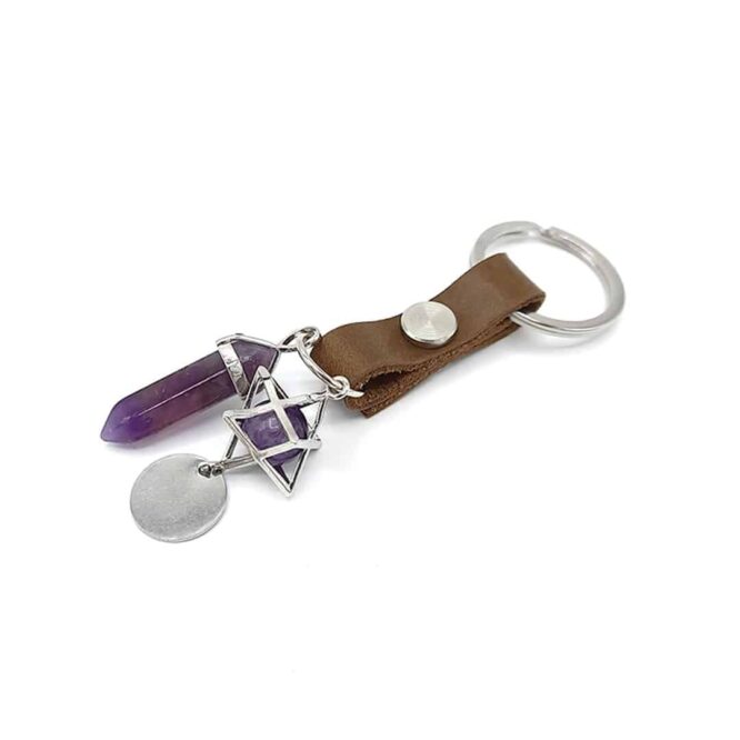 Me1750 – Brown Genuine Leather with Amethyst Stones Star Keychain