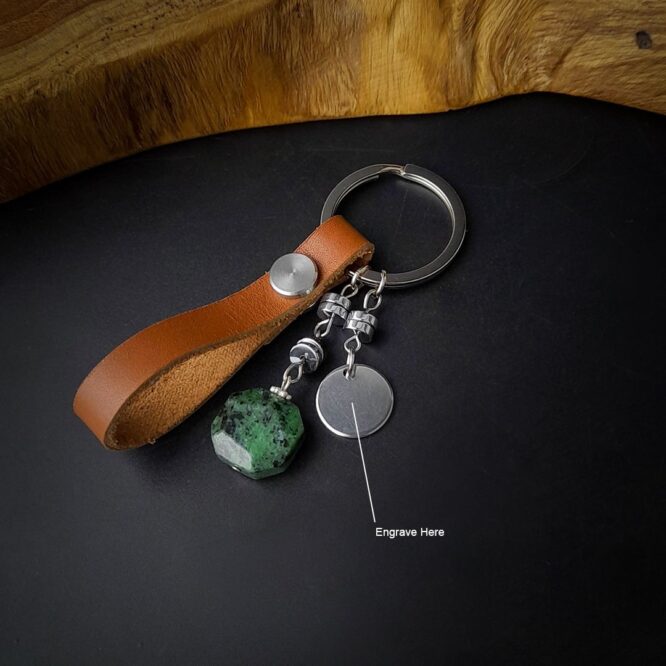 Me1742- Hazel Genuine Leather with Green Zoisite Stones Keychain