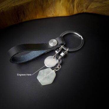 Me1741- Hazel Genuine Leather with Hematite and octagon shape  Stone Keychain