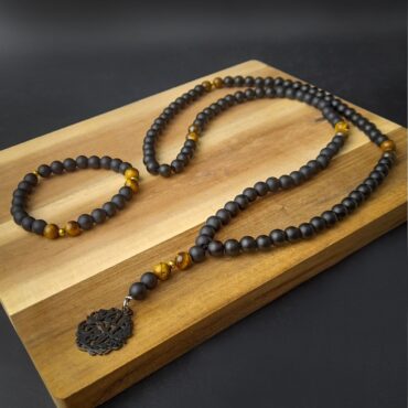 Me1766- Black Frosted Glass Beads & Tiger eye Stone  Necklace & Bracelet Package
