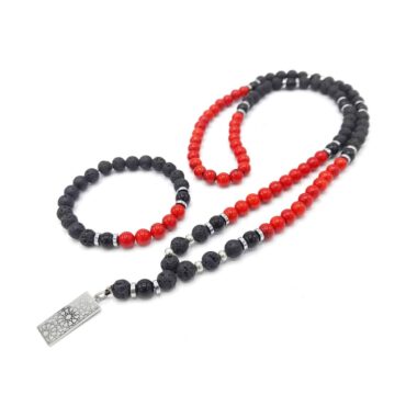 Me1767- Black Volcanic & Red Coral Stone  Necklace & Bracelet Package