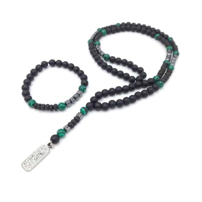 Me1768- Green Malachite Stone & Frosted Glass Beads Necklace & Bracelet Package (Copy)