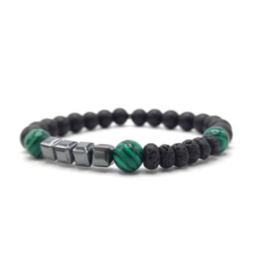 Me1768- Green Malachite Stone & Frosted Glass Beads Bracelet