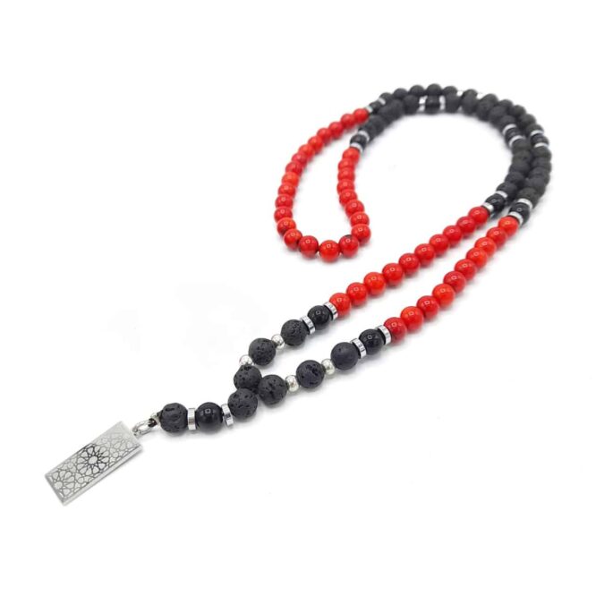 Me1780- Black Volcanic & Red Coral Stone  Necklace