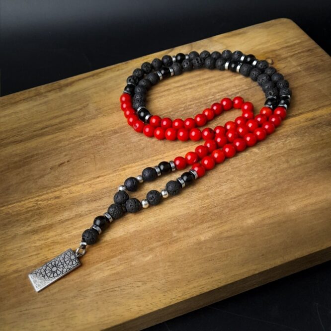 Me1780- Black Volcanic & Red Coral Stone  Necklace