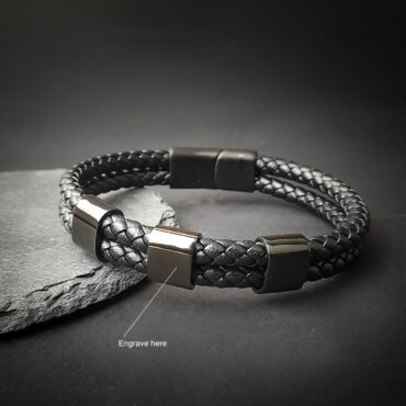 Me1802 -Black Steel Rings & Genuine Braided leather Bracelet